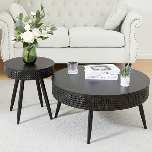 Modern Farmhouse Round End Table Set of 2,Iron Rattan Coffee Table with Hidden Storage Basket,29.1” Nesting Side Table for Living Room,Balcony,Patio,Swimming Pool (Black)