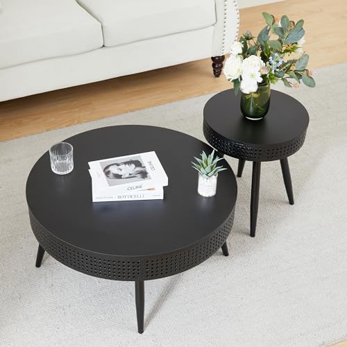 Modern Farmhouse Round End Table Set of 2,Iron Rattan Coffee Table with Hidden Storage Basket,29.1” Nesting Side Table for Living Room,Balcony,Patio,Swimming Pool (Black)