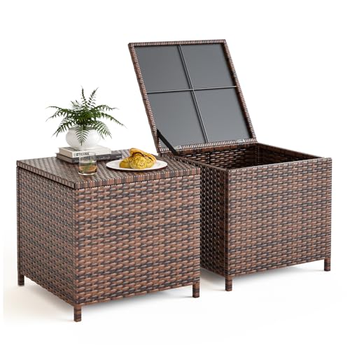 UDPATIO Outdoor Wicker Side Table with Storage Set of 2 Patio Rattan End Table Small Resin Square Container Coffee Table Backyard Pool for Furniture Covers, Toys and Gardening Tools (Brown)
