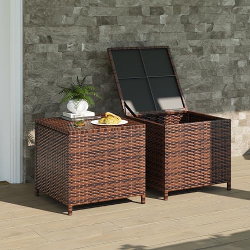 UDPATIO Outdoor Wicker Side Table with Storage Set of 2 Patio Rattan End Table Small Resin Square Container Coffee Table Backyard Pool for Furniture Covers, Toys and Gardening Tools (Brown)