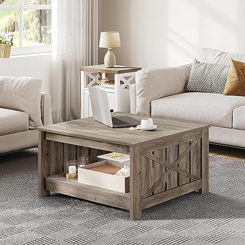 YITAHOME Coffee Table Farmhouse Coffee Table with Storage Rustic Wood Cocktail Table,Square Coffee Table for Living Meeting Room with Half Open Storage Compartment, Rustic Grey