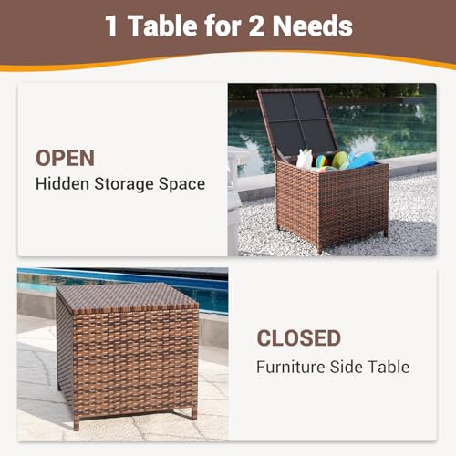 UDPATIO Outdoor Wicker Side Table with Storage Set of 2 Patio Rattan End Table Small Resin Square Container Coffee Table Backyard Pool for Furniture Covers, Toys and Gardening Tools (Brown)