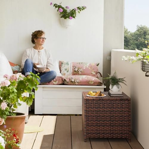 UDPATIO Outdoor Wicker Side Table with Storage Set of 2 Patio Rattan End Table Small Resin Square Container Coffee Table Backyard Pool for Furniture Covers, Toys and Gardening Tools (Brown)