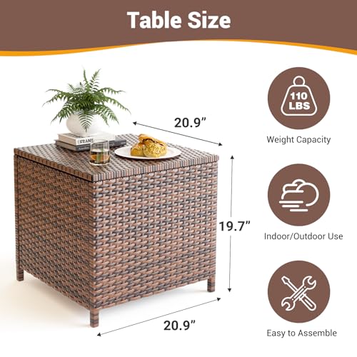 UDPATIO Outdoor Wicker Side Table with Storage Set of 2 Patio Rattan End Table Small Resin Square Container Coffee Table Backyard Pool for Furniture Covers, Toys and Gardening Tools (Brown)