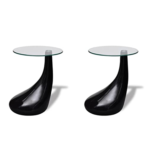 vidaXL Coffee Table 2pcs with Water-Drop Shaped Base, Side Table with Round Tempered Glass Top, Stylish and Chic, High Gloss Black