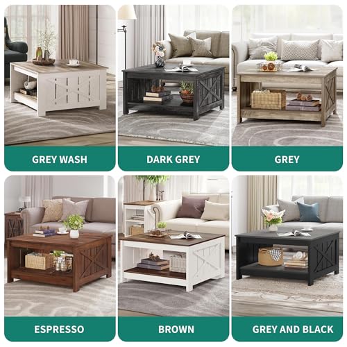 YITAHOME Coffee Table Farmhouse Coffee Table with Storage Rustic Wood Cocktail Table,Square Coffee Table for Living Meeting Room with Half Open Storage Compartment, Rustic Grey