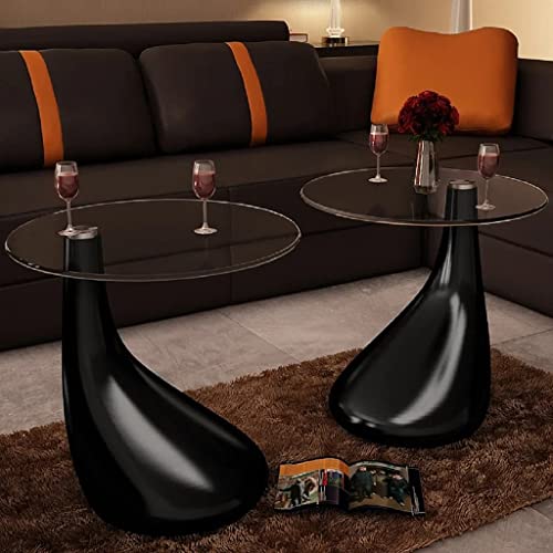 vidaXL Coffee Table 2pcs with Water-Drop Shaped Base, Side Table with Round Tempered Glass Top, Stylish and Chic, High Gloss Black