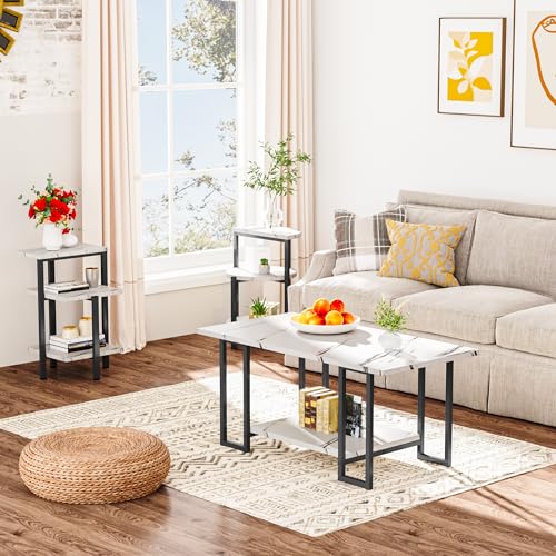 AWQM Faux Marble Table Set,Coffee Table&2 Side Table, Faux Marble Tabletop and Metal Frame,3 Piece Table Sets, for Living Room Apartment,White & Black