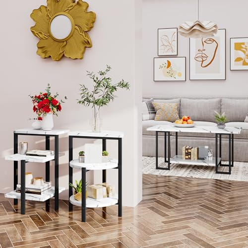 AWQM Faux Marble Table Set,Coffee Table&2 Side Table, Faux Marble Tabletop and Metal Frame,3 Piece Table Sets, for Living Room Apartment,White & Black