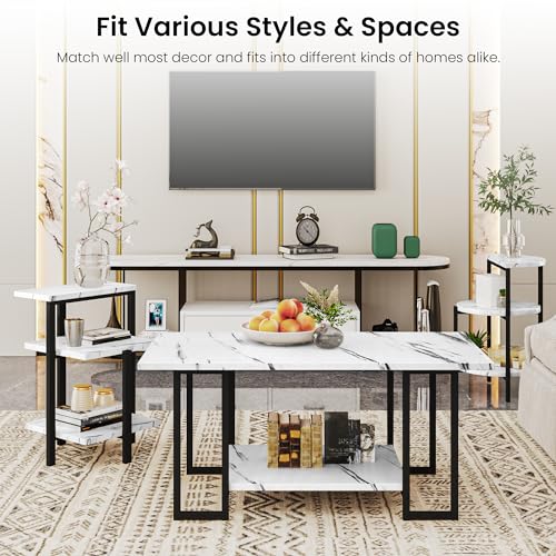 AWQM Faux Marble Table Set,Coffee Table&2 Side Table, Faux Marble Tabletop and Metal Frame,3 Piece Table Sets, for Living Room Apartment,White & Black