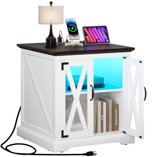 YITAHOME End Table, Farmhouse Sofa Side Coffee Table with Charging Station and LED Lights Bedside Table, Nightstand Storage for Living Room, Bedroom, Office, White