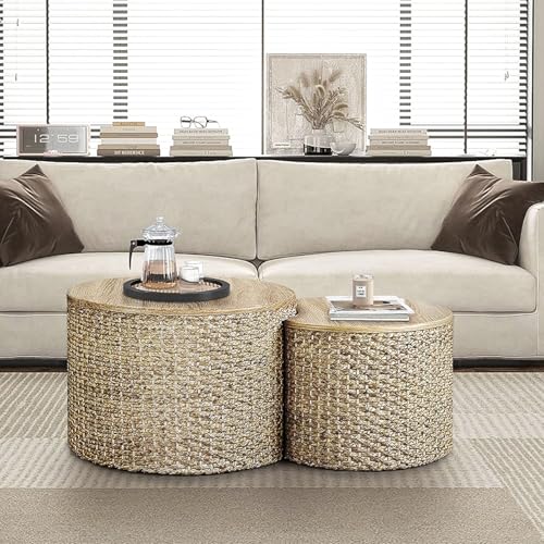 Giofanzo Nesting Coffee Table (Set of 2), Rustic Round Coffee Table with Side Tables, Hand-Woven Exterior with Rubber Cushion Base for Living Room, Bedroom and Kitchens (Natural)