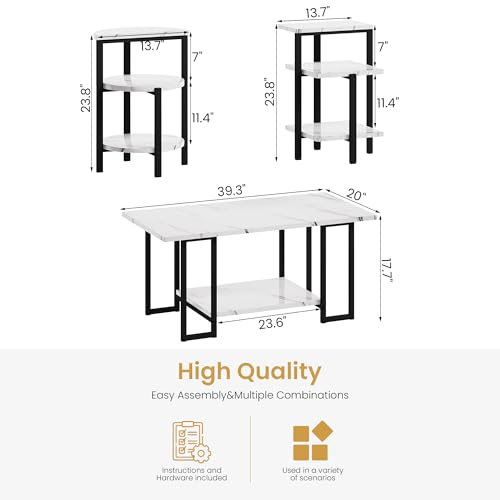 AWQM Faux Marble Table Set,Coffee Table&2 Side Table, Faux Marble Tabletop and Metal Frame,3 Piece Table Sets, for Living Room Apartment,White & Black