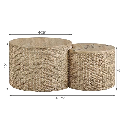 Giofanzo Nesting Coffee Table (Set of 2), Rustic Round Coffee Table with Side Tables, Hand-Woven Exterior with Rubber Cushion Base for Living Room, Bedroom and Kitchens (Natural)