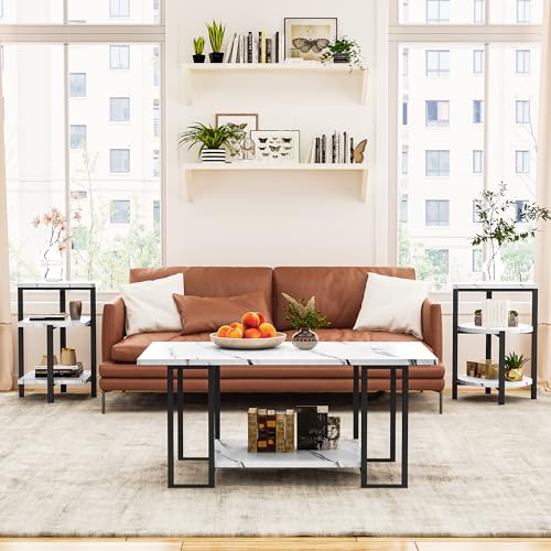 AWQM Faux Marble Table Set,Coffee Table&2 Side Table, Faux Marble Tabletop and Metal Frame,3 Piece Table Sets, for Living Room Apartment,White & Black