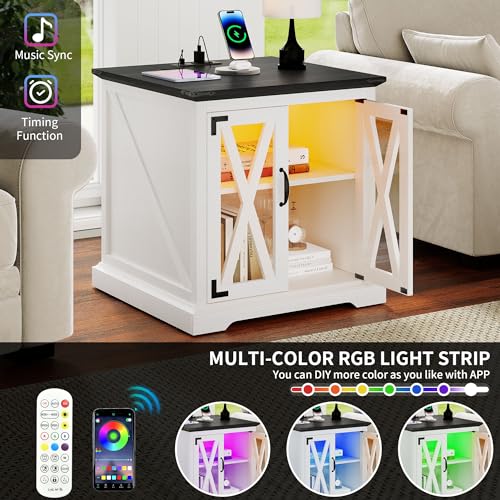 YITAHOME End Table, Farmhouse Sofa Side Coffee Table with Charging Station and LED Lights Bedside Table, Nightstand Storage for Living Room, Bedroom, Office, White
