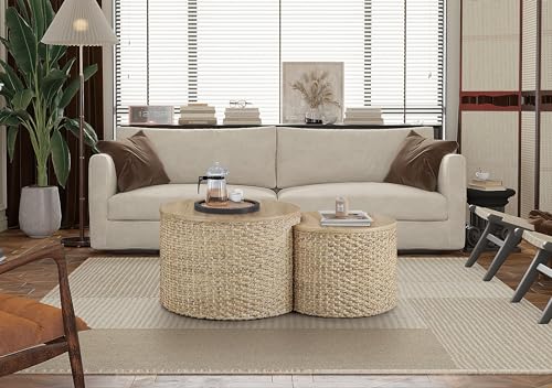 Giofanzo Nesting Coffee Table (Set of 2), Rustic Round Coffee Table with Side Tables, Hand-Woven Exterior with Rubber Cushion Base for Living Room, Bedroom and Kitchens (Natural)