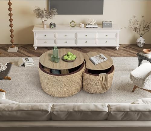 Giofanzo Nesting Coffee Table (Set of 2), Rustic Round Coffee Table with Side Tables, Hand-Woven Exterior with Rubber Cushion Base for Living Room, Bedroom and Kitchens (Natural)