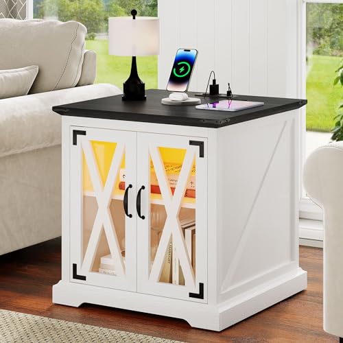 YITAHOME End Table, Farmhouse Sofa Side Coffee Table with Charging Station and LED Lights Bedside Table, Nightstand Storage for Living Room, Bedroom, Office, White