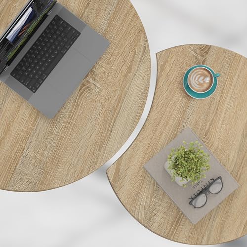 Giofanzo Nesting Coffee Table (Set of 2), Rustic Round Coffee Table with Side Tables, Hand-Woven Exterior with Rubber Cushion Base for Living Room, Bedroom and Kitchens (Natural)