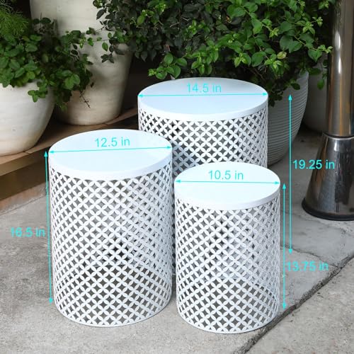 Menkxi Outdoor Side Table Set of 3 Heavy Duty Patio Nesting Table Round Metal Modern End Table Decorative Garden Stools Plant Stand for Indoor Living Room Porch Poolside Coffee Table(Cream White)