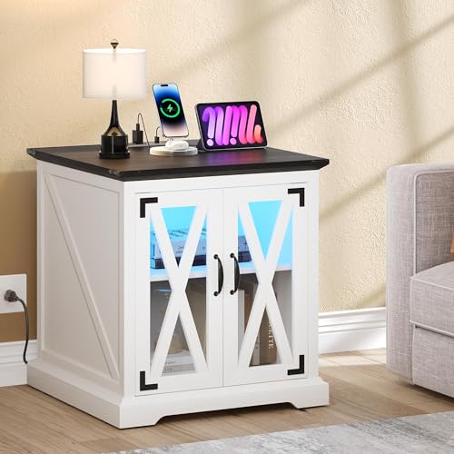 YITAHOME End Table, Farmhouse Sofa Side Coffee Table with Charging Station and LED Lights Bedside Table, Nightstand Storage for Living Room, Bedroom, Office, White