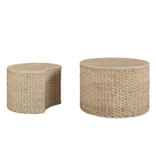 Giofanzo Nesting Coffee Table (Set of 2), Rustic Round Coffee Table with Side Tables, Hand-Woven Exterior with Rubber Cushion Base for Living Room, Bedroom and Kitchens (Natural)