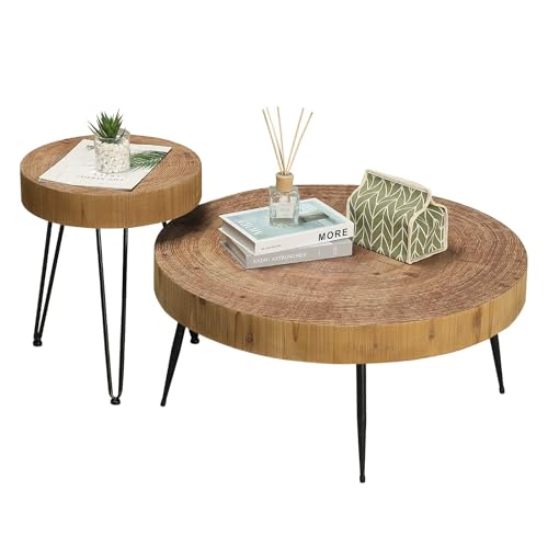 RUSTOWN Farmhouse Round Coffee Table Set of 2, Cocktail Table Set, Modern Circle Natural Wood Finsh Side and End Table Sets for Living Room(Planar, Natural)