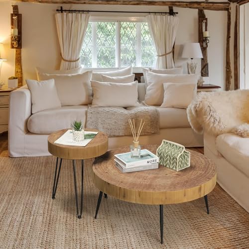 RUSTOWN Farmhouse Round Coffee Table Set of 2, Cocktail Table Set, Modern Circle Natural Wood Finsh Side and End Table Sets for Living Room(Planar, Natural)