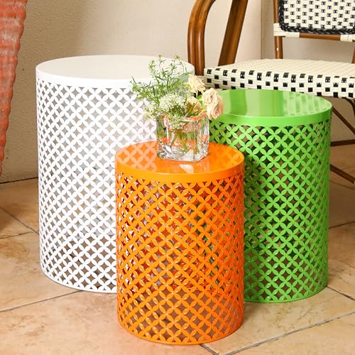 Menkxi Outdoor Side Table Set of 3 Heavy Duty Patio Nesting Table Round Metal Modern End Table Decorative Garden Stools Plant Stand for Indoor Living Room Porch Poolside Coffee Table(Cream White)