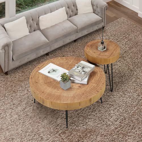 RUSTOWN Farmhouse Round Coffee Table Set of 2, Cocktail Table Set, Modern Circle Natural Wood Finsh Side and End Table Sets for Living Room(Planar, Natural)