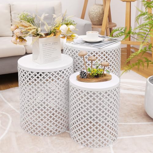 Menkxi Outdoor Side Table Set of 3 Heavy Duty Patio Nesting Table Round Metal Modern End Table Decorative Garden Stools Plant Stand for Indoor Living Room Porch Poolside Coffee Table(Cream White)