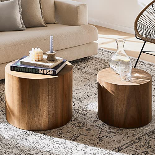 kevinplus Modern Coffee Table Nesting Side Table End Table Set of 2, Small Round Circle Midcentury Coffee Table End Table Bed Side Table for Living Room Bedroom Office (Walnut - Round)