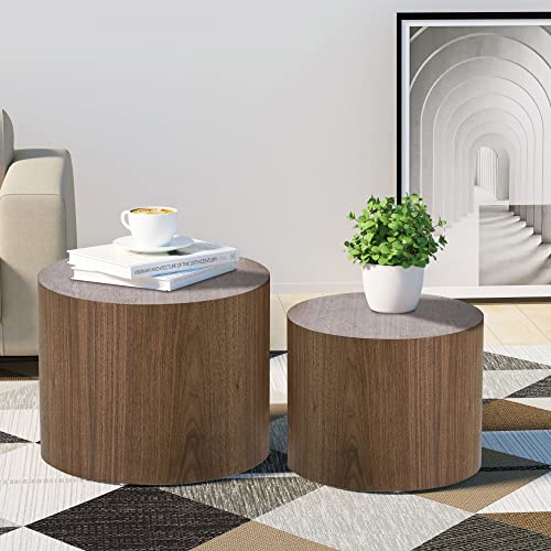 kevinplus Modern Coffee Table Nesting Side Table End Table Set of 2, Small Round Circle Midcentury Coffee Table End Table Bed Side Table for Living Room Bedroom Office (Walnut - Round)