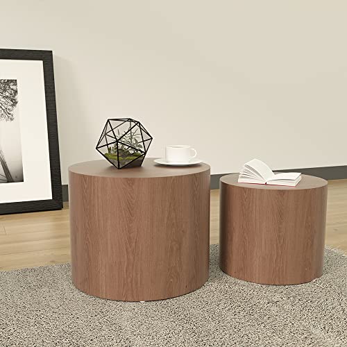 kevinplus Modern Coffee Table Nesting Side Table End Table Set of 2, Small Round Circle Midcentury Coffee Table End Table Bed Side Table for Living Room Bedroom Office (Walnut - Round)