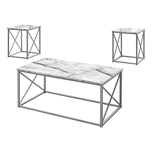 Monarch Specialties 7953P Table, 3pcs Set, Coffee, End, Side, Accent, Living Room, Metal, Laminate, White Marble Look, Grey, Contemporary, Modern Set-3Pcs Silver, 42.25" L x 22" W x 18.25" H