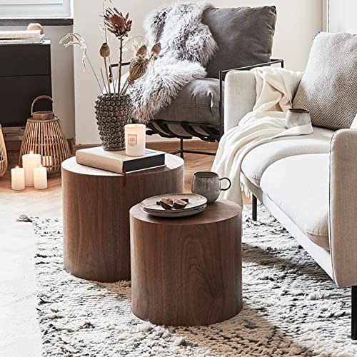 kevinplus Modern Coffee Table Nesting Side Table End Table Set of 2, Small Round Circle Midcentury Coffee Table End Table Bed Side Table for Living Room Bedroom Office (Walnut - Round)