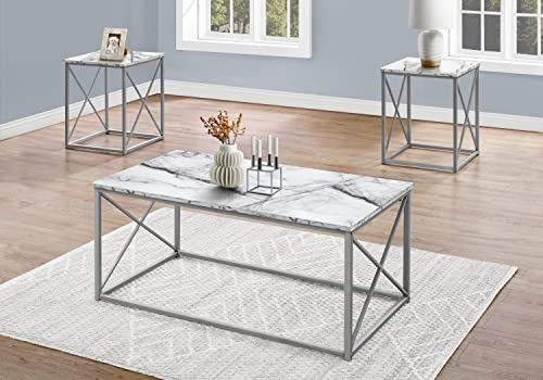 Monarch Specialties 7953P Table, 3pcs Set, Coffee, End, Side, Accent, Living Room, Metal, Laminate, White Marble Look, Grey, Contemporary, Modern Set-3Pcs Silver, 42.25" L x 22" W x 18.25" H