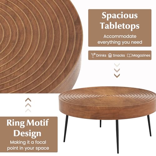 Giantex Boho Round Coffee Table Set of 2, Sofa Side Nesting Table with Solid Pine Wood Top, Metal Legs & Adjustable Foot Pads, 31.5" D Large Table Set for Living Room (Ring Pattern, Brown)