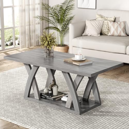 FROMJBEST Farmhouse Coffee Table with Shelf, Wood Coffee Table for Living Room, Open Display Area,47” Grey