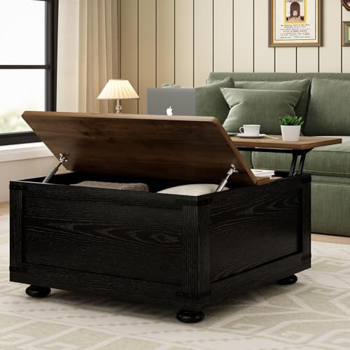 Farmhouse Lift Top Coffee Table with Storage, Black Lift Top Coffee Table with Hydraulic Gas Rod, Large Lift Square Top Coffee Table with Wood Gourd Feet, Coffee Table with for Living Room