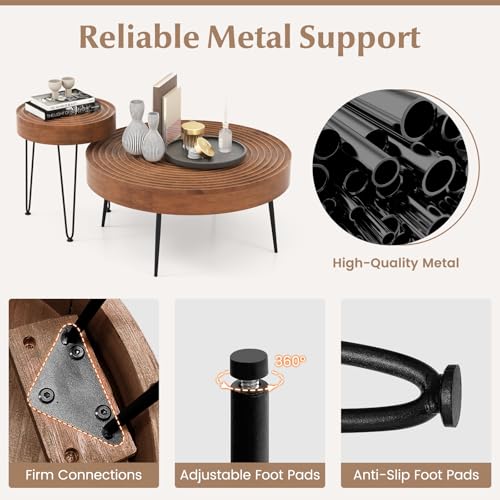 Giantex Boho Round Coffee Table Set of 2, Sofa Side Nesting Table with Solid Pine Wood Top, Metal Legs & Adjustable Foot Pads, 31.5" D Large Table Set for Living Room (Ring Pattern, Brown)