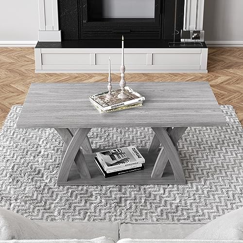 FROMJBEST Farmhouse Coffee Table with Shelf, Wood Coffee Table for Living Room, Open Display Area,47” Grey