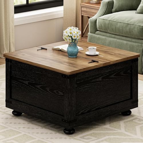 Farmhouse Lift Top Coffee Table with Storage, Black Lift Top Coffee Table with Hydraulic Gas Rod, Large Lift Square Top Coffee Table with Wood Gourd Feet, Coffee Table with for Living Room