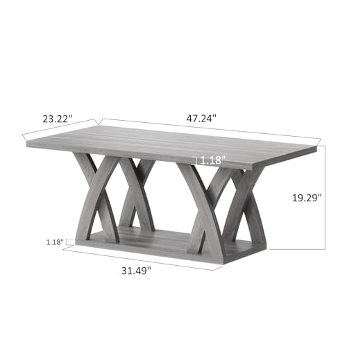 FROMJBEST Farmhouse Coffee Table with Shelf, Wood Coffee Table for Living Room, Open Display Area,47” Grey