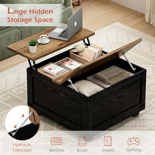 Farmhouse Lift Top Coffee Table with Storage, Black Lift Top Coffee Table with Hydraulic Gas Rod, Large Lift Square Top Coffee Table with Wood Gourd Feet, Coffee Table with for Living Room