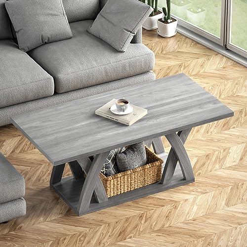 FROMJBEST Farmhouse Coffee Table with Shelf, Wood Coffee Table for Living Room, Open Display Area,47” Grey