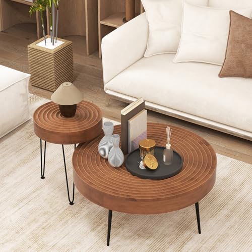 Giantex Boho Round Coffee Table Set of 2, Sofa Side Nesting Table with Solid Pine Wood Top, Metal Legs & Adjustable Foot Pads, 31.5" D Large Table Set for Living Room (Ring Pattern, Brown)
