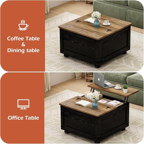 Farmhouse Lift Top Coffee Table with Storage, Black Lift Top Coffee Table with Hydraulic Gas Rod, Large Lift Square Top Coffee Table with Wood Gourd Feet, Coffee Table with for Living Room