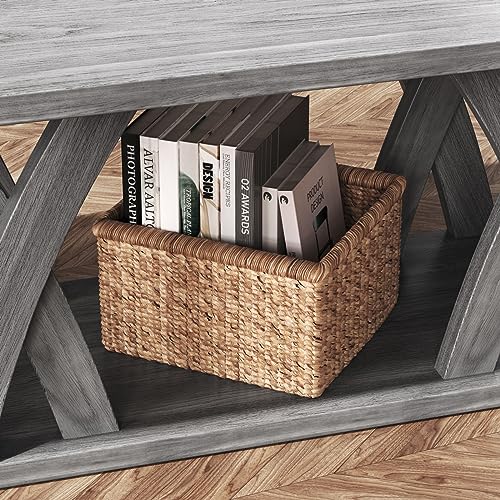 FROMJBEST Farmhouse Coffee Table with Shelf, Wood Coffee Table for Living Room, Open Display Area,47” Grey
